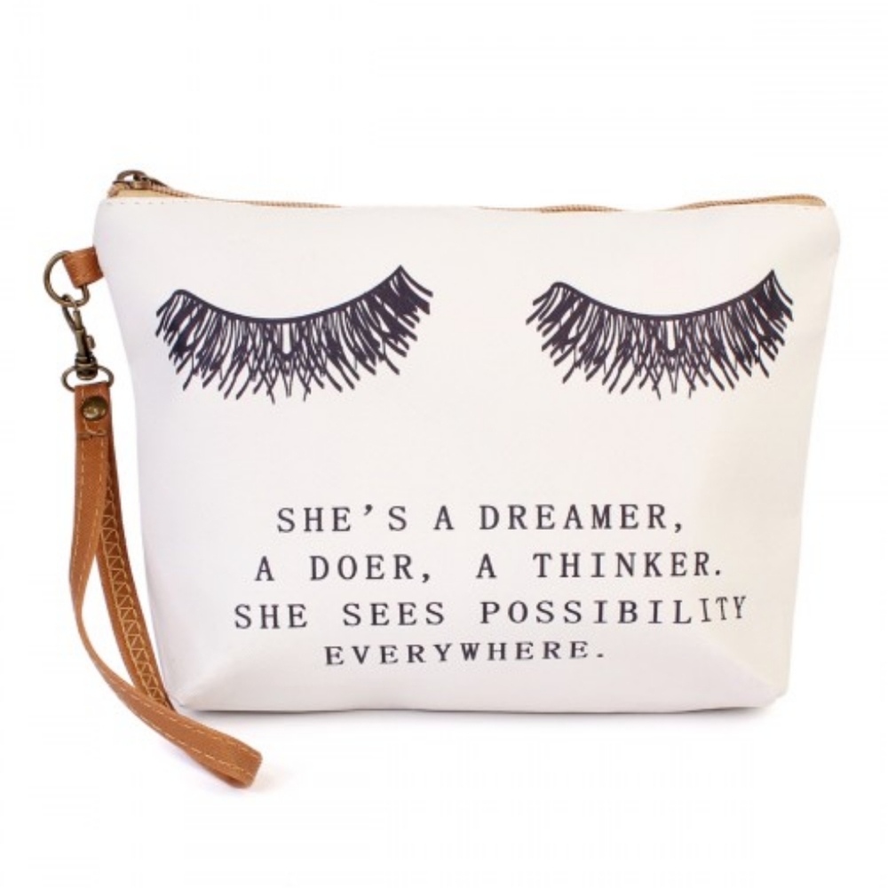 Beige Wristlet /Graphic Makeup Bag w/Tan S…